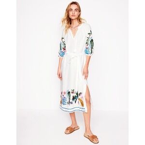 BODEN Embroidered White Linen Tassel Midi Dress Tropical Resort Beach 4 US $298‎